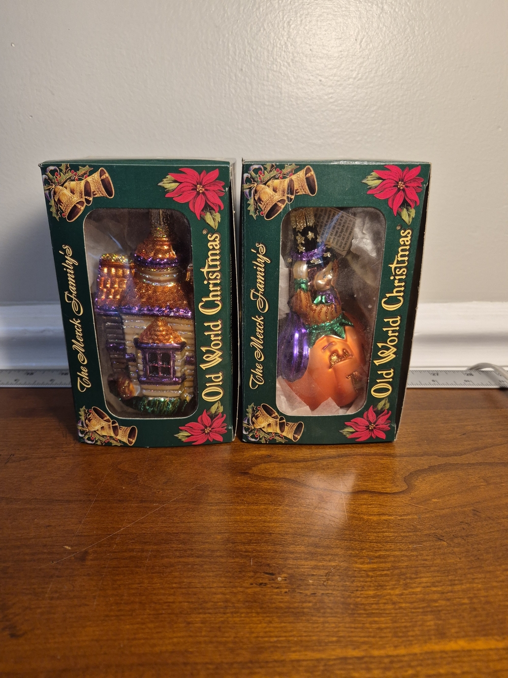 Retired Old World Christmas Gold and Purple Glass Holiday Ornaments - Set of 2